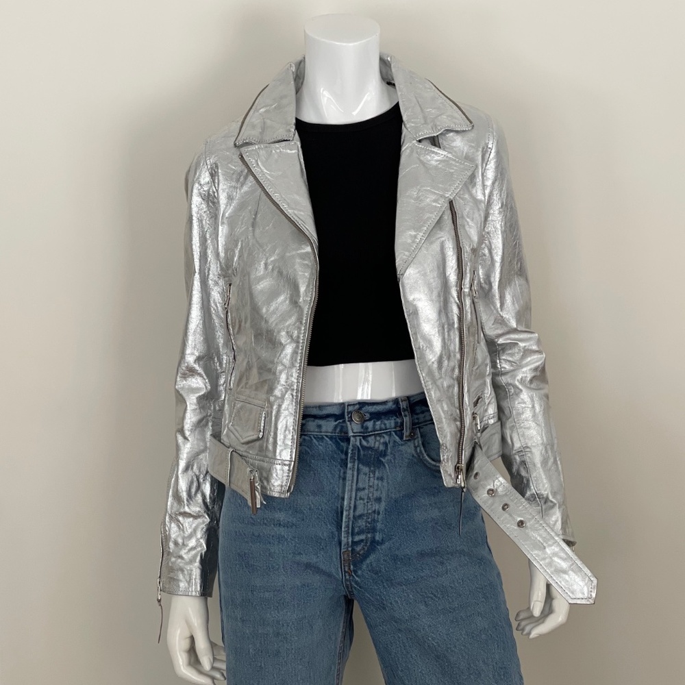 BANO EEMEE Metallic Moto Leather Jacket in Silver
